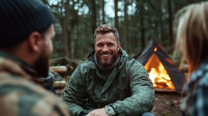 Three people enjoy a warm campfire in a forest setting, showcasing friendship and the joy of outdoor adventures amidst a natural and calming environment.