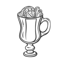 Mulled wine vector illustration. Cartoon isolated glass cup with handle, hot alcohol drink and spices, cinnamon sticks and orange slices, wine cocktail for Christmas season in cafe or bar menu