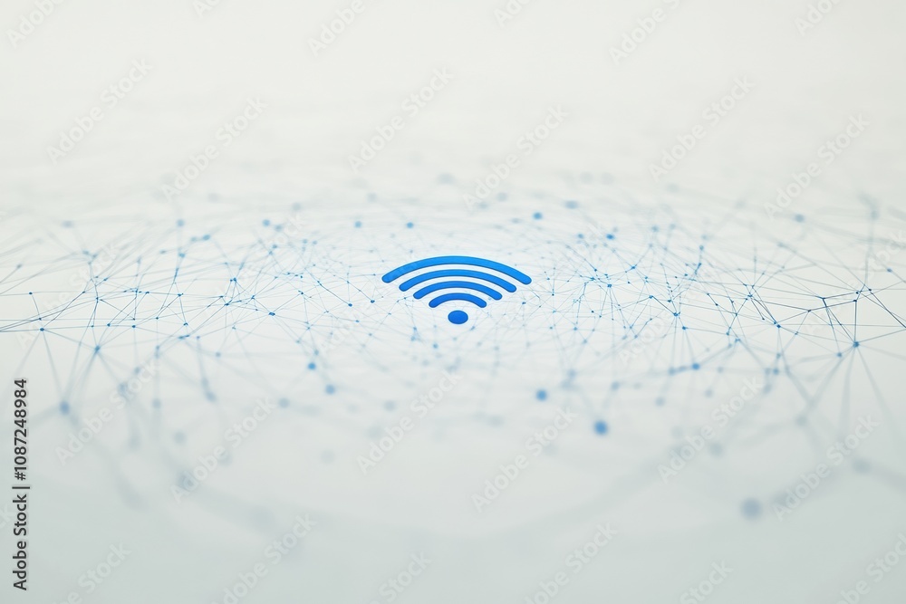Aufkleber A blue Wi-Fi icon is centrally placed within a pattern of interconnected dots, symbolizing internet connectivity in a tech-driven world. Generative AI