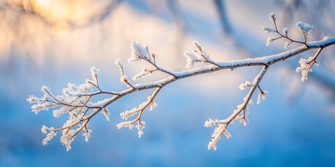 A delicate snow-laden branch against a soft, winter sky, showcasing the intricate beauty of frost crystals on a serene winter day.