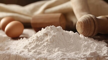 Fototapeta premium Baking ingredients and kitchen setup with flour, eggs, and rolling pin