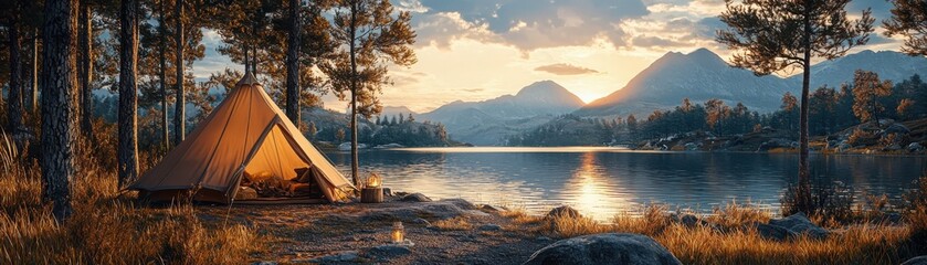 Obraz premium Relaxing camping experience with modern tent by mountain lake nature scene evening view tranquility and serenity