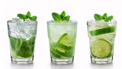 A layered mojito cocktail, with mint leaves in the base, followed by a light lime syrup layer, and a top of sparkling soda.