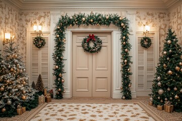 Fototapeta premium Christmas-decorated door with garlands, wreaths, gold and silver ornaments, indoor trees, and beige wallpapered walls, creating a festive holiday home atmosphere.