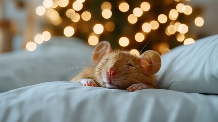 A cute little mouse snuggles on a soft, fluffy pillow, completely at ease, with a warmly lit background creating a cozy and serene atmosphere of rest and comfort.