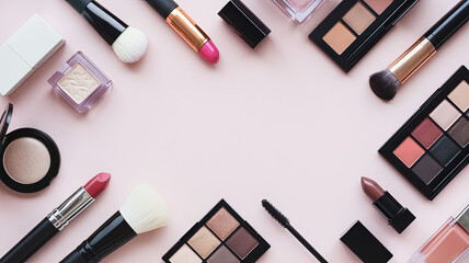 Elegant cosmetics arranged on soft pink background, showcasing beauty products