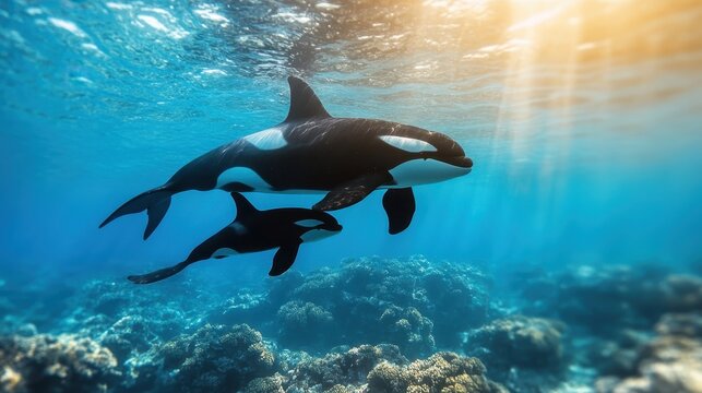 A majestic adult orca and its calf glide effortlessly through the sunlit turquoise waters above a vibrant coral reef, showcasing the beauty of marine life and nature's grace.