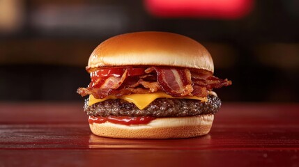 Juicy hamburger with bacon and cheese served on a bun with ketchup in a restaurant setting