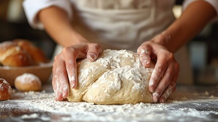 Fototapeta premium Person baking bread at home, kneading dough on a floured countertop