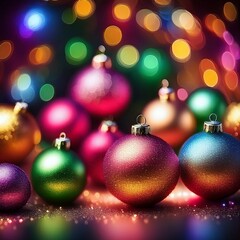 Fototapeta premium celebration background with shiny colorful beautiful ornaments and holiday lights
