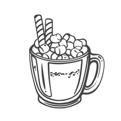 Hot chocolate with marshmallow outline vector illustration. Hand drawn glass mug with Christmas choco drink, cocoa powder and cute sweet candy sticks, cozy chocolate beverage to stay warm in winter