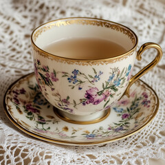 A vintage teacup with a floral pattern on a lace doily