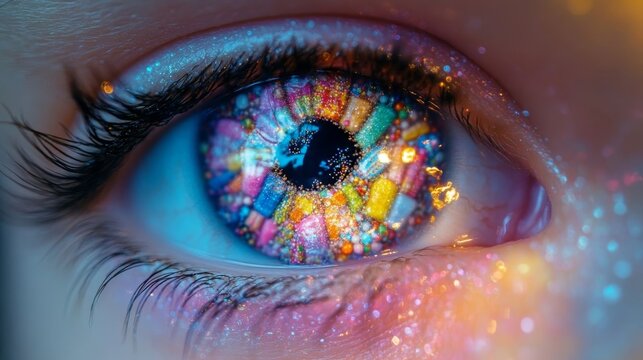 A vibrant eye with candy reflections.