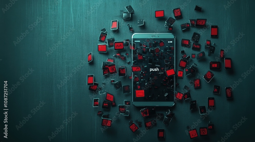 Poster Modern Smartphone Surrounded by Colorful Push Notification Icons on a Dark Background, Representing Digital Communication and Connectivity