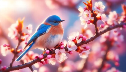 Obraz premium Bluebird Resting on Cherry Blossom Branch in Warm Spring Light. generator AI