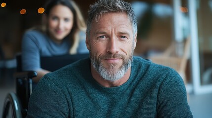 A cheerful moment with a grey-haired man in a wheelchair, seated inside with a smiling woman standing behind, capturing a scene of companionship and support.