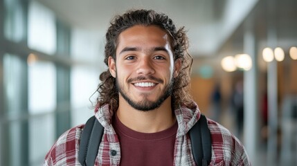 A young man with a bright smile, wearing casual attire and a backpack stands indoors, embodying a sense of enthusiasm and energy, ready for new experiences.
