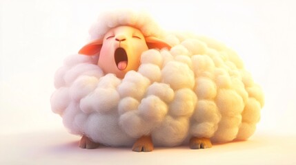 Fluffy Sheep Yawning: Adorable image of a cute sheep with thick, white wool, yawning against a soft, light background. Perfect for children's books, greeting cards, and other design projects.