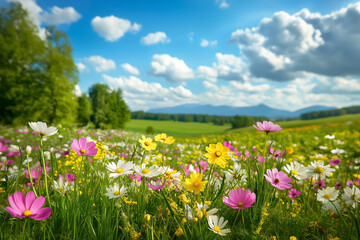 Obraz premium Vibrant Wildflower Field in Bloom on a Sunny Day with Scenic Mountain Background and Blue Sky.