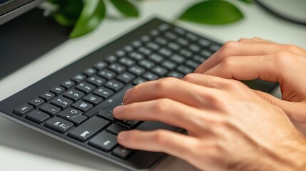 Hands type on a black keyboard in a home office