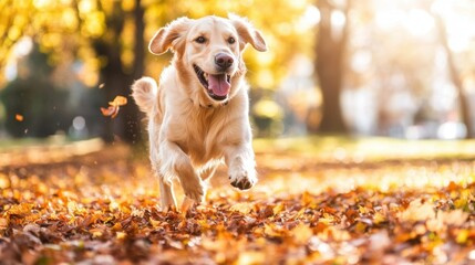 Joyful golden retriever running through an autumn park, surrounded by colorful fallen leaves and soft sunlight.