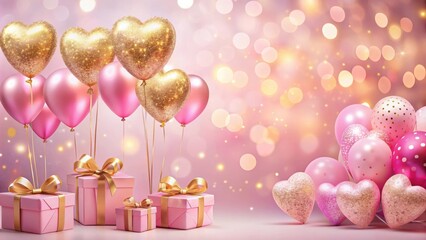 Festive Pink and Gold Balloons and Gift Boxes with a Blurred Background of Sparkling Lights