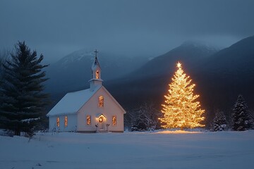  Small white wooden church with illuminated Christmas tree in front, snow-covered pine trees and mountains at dusk, festive winter scene.