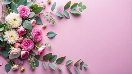 Fototapeta premium Elegant Floral Arrangement with Pink Roses and Green Greenery on a Soft Pink Background