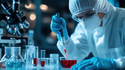 A scientist dressed in full protective gear uses a pipette to handle a red liquid in a laboratory, highlighting precision and sterile procedure in research.