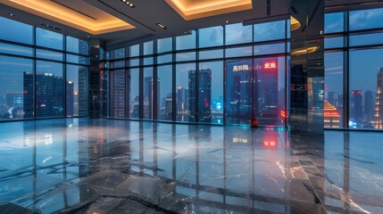 Fototapeta premium Empty square floor with city skyline background, Futuristic city vista from above, aerial perspective of urban dynamics