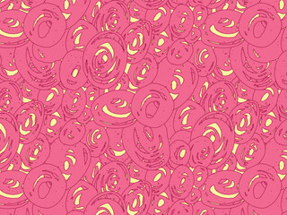 Flat vector illustration features an abstract pattern of donuts with pink outlines and yellow centers on a soft pink background. The design symbolizes playfulness and simplicity.