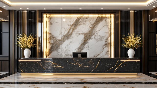 Modern reception area with marble decor and elegant floral arrangements.