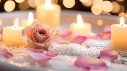 Immerse Yourself in a Luxurious Bathtub Oasis with Romantic Candlelight and Beautiful Rose Petals Surrounding You.