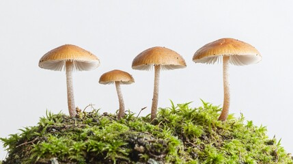 Fototapeta premium A Captivating Glimpse into the Mycological Realm: Mushrooms on Moss, a Study in Natural Harmony and Delicate Beauty