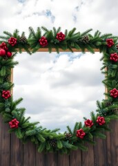 Traditional green christmas frame wreath on wooden background christmas wreath decoration holiday frame