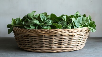 Naklejka premium Fresh organic spinach in a woven basket, leafy greens ideal for salads and health-focused recipes.