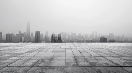 Fototapeta premium Empty square floor with city skyline background, Cosmopolitan cityscape in twilight, twilight hour over the urban jungle