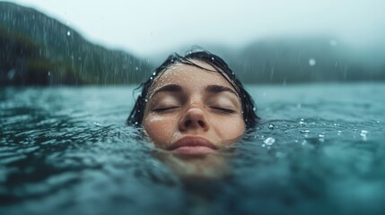 A woman immersed in a tranquil lake, feeling the gentle touch of raindrops on her skin, surrounded by lush, misty landscapes, exemplifying calm and introspection.