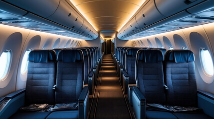 Empty modern airplane cabin with two aisles and blue upholstered seats, illuminated by soft interior lighting, showing overhead compartments and large windows on both sides.