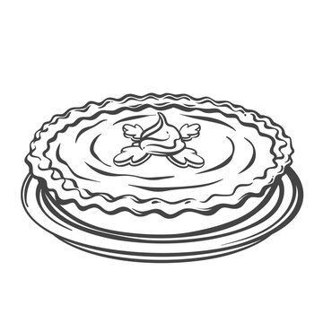 recommend clip art: Pumpkin pie outline vector illustration. Hand drawn whole sweet cake with pumpkin custard filling, whipped cream and shortbread crust, engraved homemade baked dessert and symbol of autumn harvest