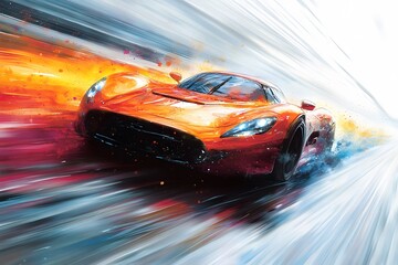 Car Roadster Sports watercolor painting Abstract white background.
