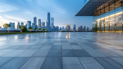 Fototapeta premium Empty square floor with city skyline background, Surreal urban dreamscape, distorted city skyline reflection