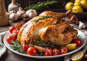 Delicious roasted turkey with rosemary, tomatoes, garlic, and lemon on white plate.