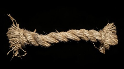 Old, damaged rope with frayed ends, contrasting sharply against a black background, symbolizing wear and strain.