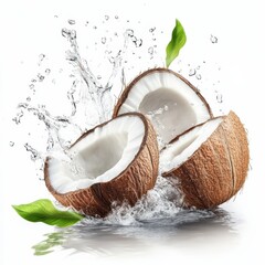 Fresh Coconut Halves with Splashing Water: Ideal for Tropical Drink Advertisements