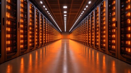 This photograph showcases an endless aisle of data center racks, brightly illuminated with warm orange tones, demonstrating technological depth and modernity.