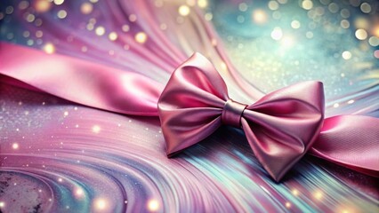 A shimmering pink satin ribbon tied into a perfect bow, resting on a bed of iridescent, swirling texture, illuminated by soft, warm lights.