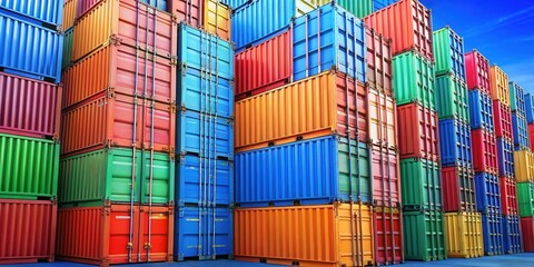 Fototapeta premium A vibrant wall of stacked shipping containers with a blue sky backdrop, a testament to global trade and the interconnectedness of the world