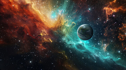 The dynamic interplay of a colorful nebula and a serene starfield, with a planet gracefully orbiting as if dancing among the cosmic lights