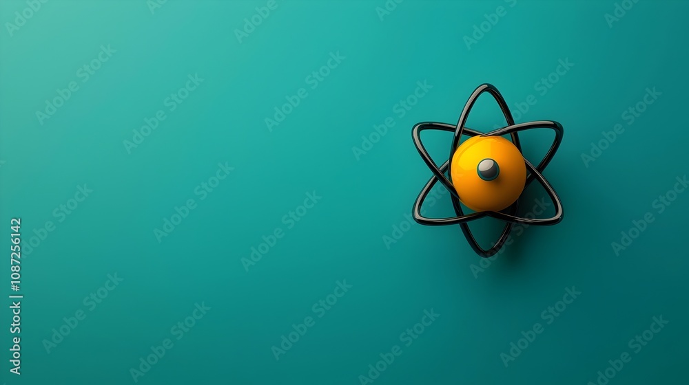 Poster minimalist 3d rendered hydrogen atom depicting nuclear structure and electron orbit a simplistic and